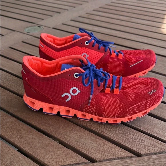 On Running Women's Cloud X Red and Blue Athletic Shoes - Picture 3 of 8